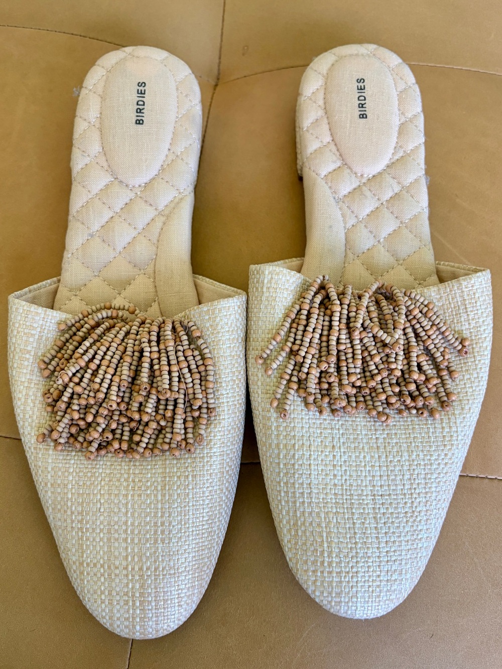 Birdies Songbird natural faux raffia beaded fringe tassel slide mules size 12 - Picture 2 of 7